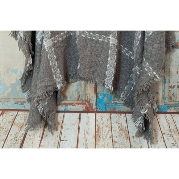 Laundry By Design Womens O/S Grey Combo Poncho Plaid Pure Acrylic Fringe Shawl - Picture 3 of 7
